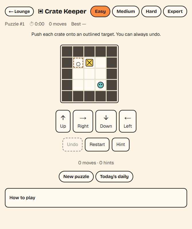 Crate Keeper in the Paintiko Puzzle Lounge, with crates, target squares and directional controls