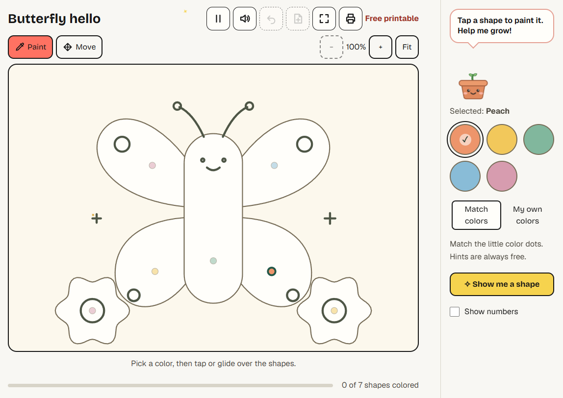Little mode: a butterfly with large shapes, color dots and a simple palette