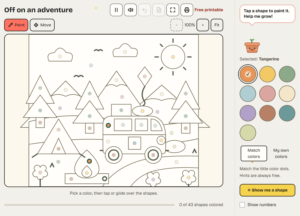 Studio mode: a camper coloring scene with smaller shapes and a larger palette